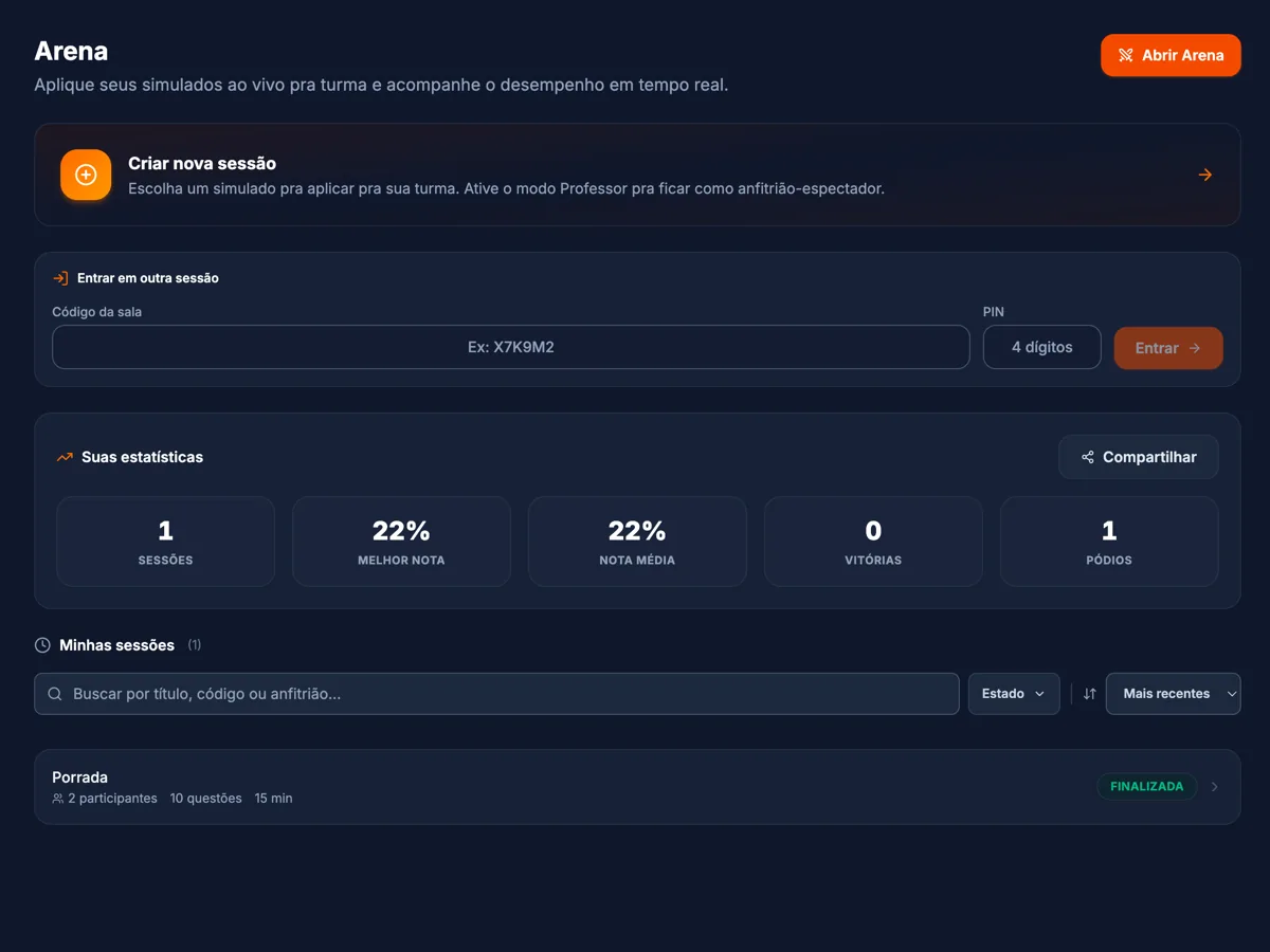 The Arena screen: join with a room code and PIN, with stats and your class sessions.