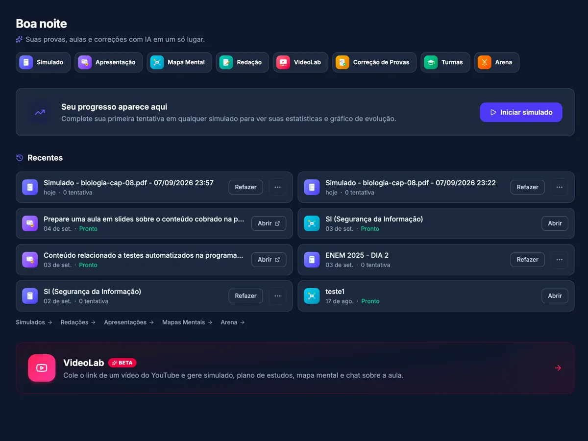The SimulAI Academy dashboard: quick actions to create a practice test, mind map, presentation or arena.