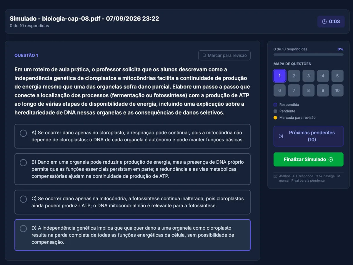 Resolvendo o ENEM 2024 dentro do SimulAI: mapa de questões, cronômetro e correção ao final — recuperação ativa na prática.